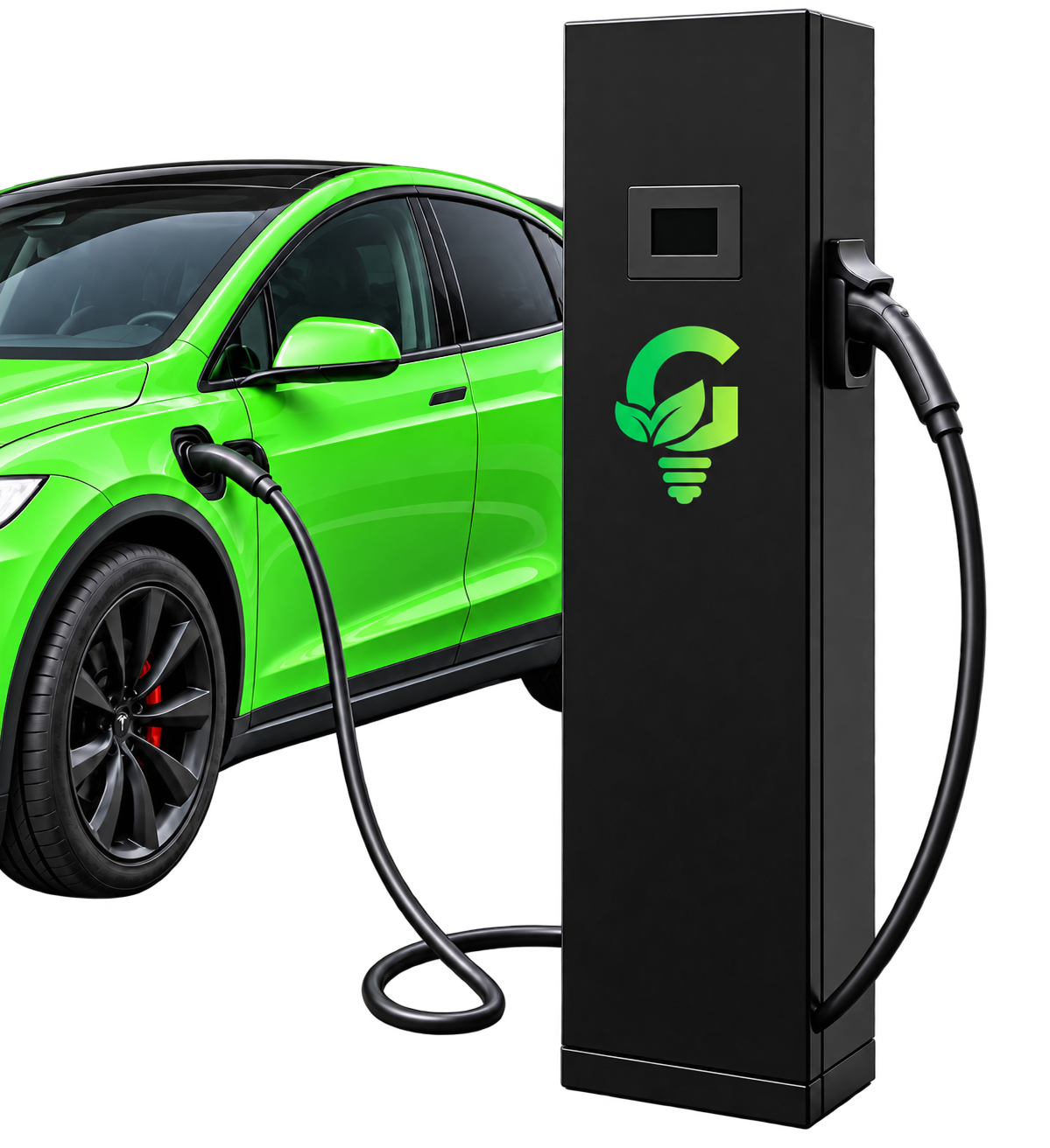 Carro elétrico verde conectado a um eletroposto preto